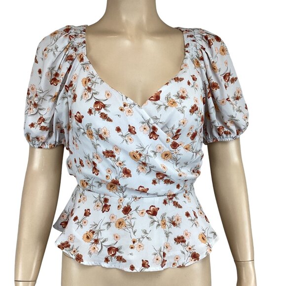 ASTR The Label Top Size XS Xsmall Floral Puff Sleeve Wrap Blouse‎ Taupe Rust - Picture 2 of 8